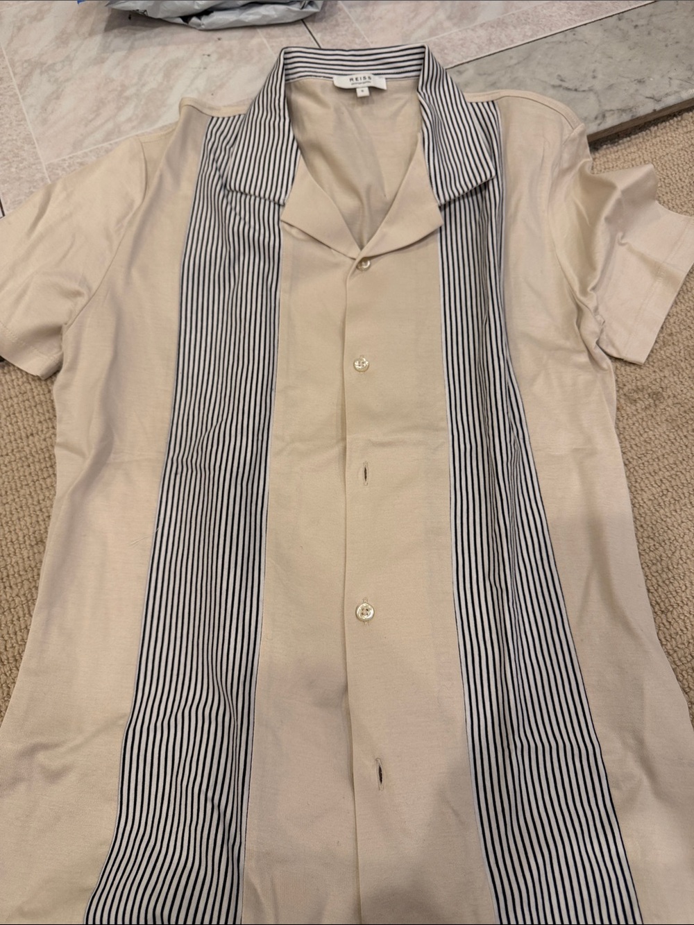 Reiss Beige Short-Sleeve Button Shirt with Navy Stripe Panels